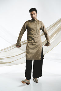 OLIVE TISSUE KURTA WITH SEQUENCE EMBROIDERY