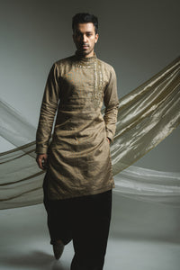 OLIVE TISSUE KURTA WITH SEQUENCE EMBROIDERY