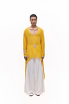 Sheer Asymetrical Embroidered Yellow Bandhani Kurta Set
