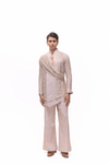 Biege Net Mirrorwork Draped Jacket Kurta set