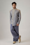 Grey Bandhgala with Gold Asymmetrical Embroidery