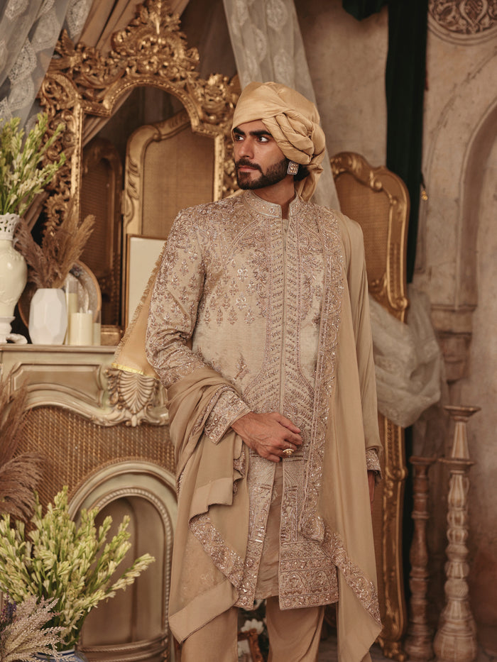 Beige Imperial Placement Sherwani Set