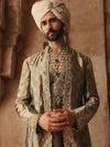 Deep Olive Embroidered Kurta with Banarasi Jacket & Dhoti Set