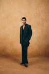 Black Satin Kurta Set with Cutwork Jacket