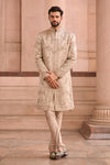 Beige Gold Embroidered Sherwani Set
