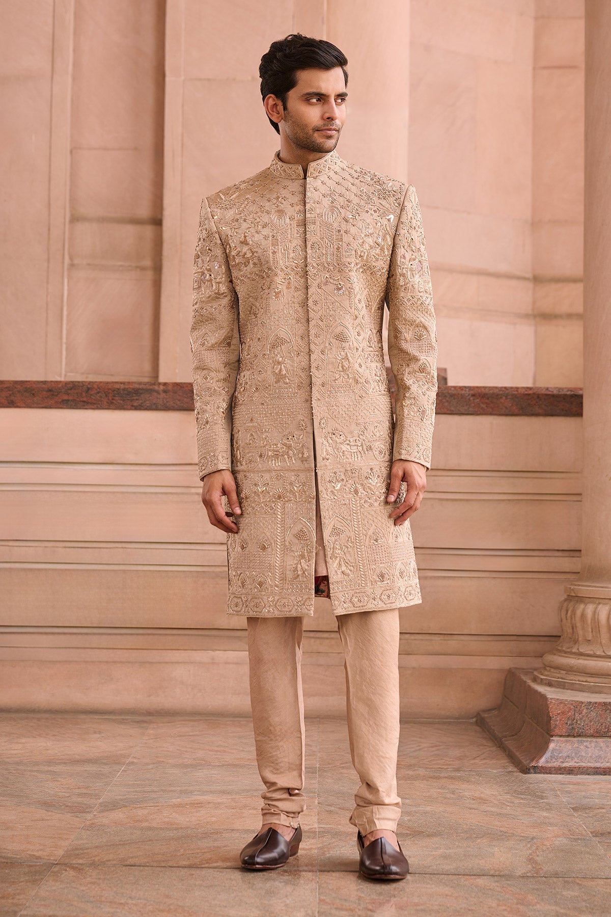 Classic Golden Chanderi Sherwani Set